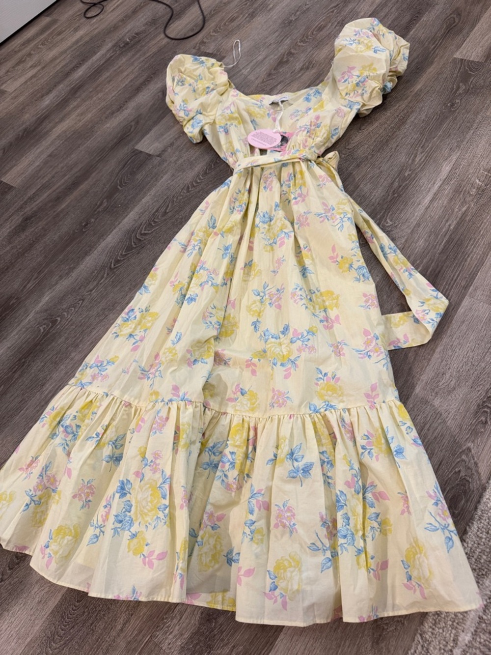 Love Shack Fancy x Target yellow floral puff sleeve maxi dress with belt sz 8 - Picture 2 of 4
